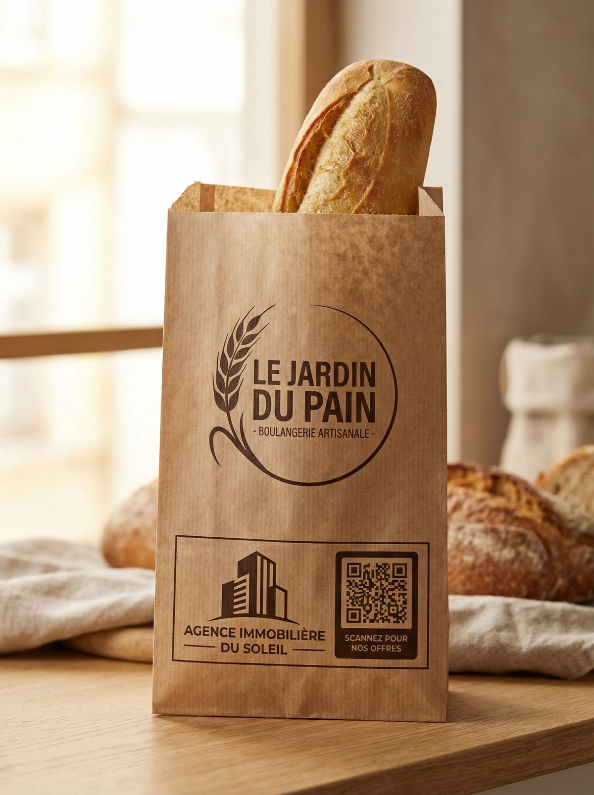 Sachet pain artisanal avec co-branding boulangerie et agence immobilière locale — exemple Sachet Local