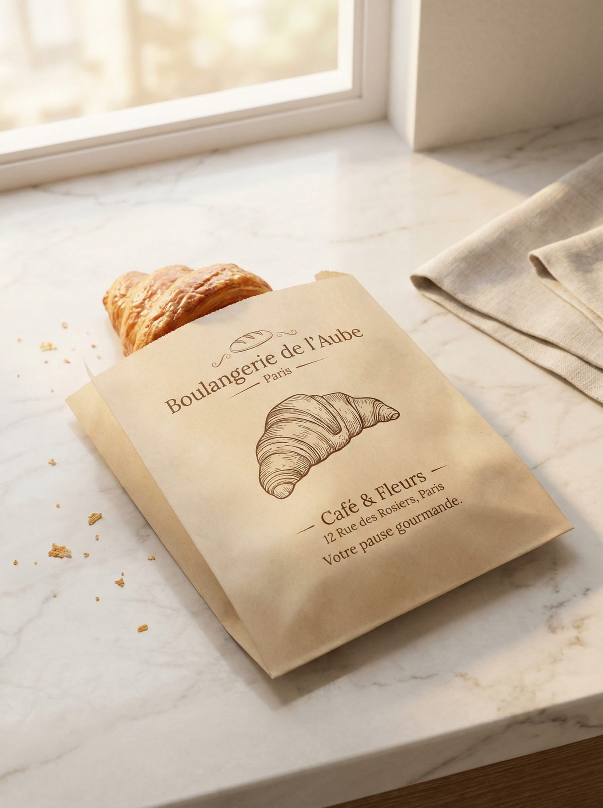 Sachet viennoiserie avec publicité locale intégrée — exemple Sachet Local